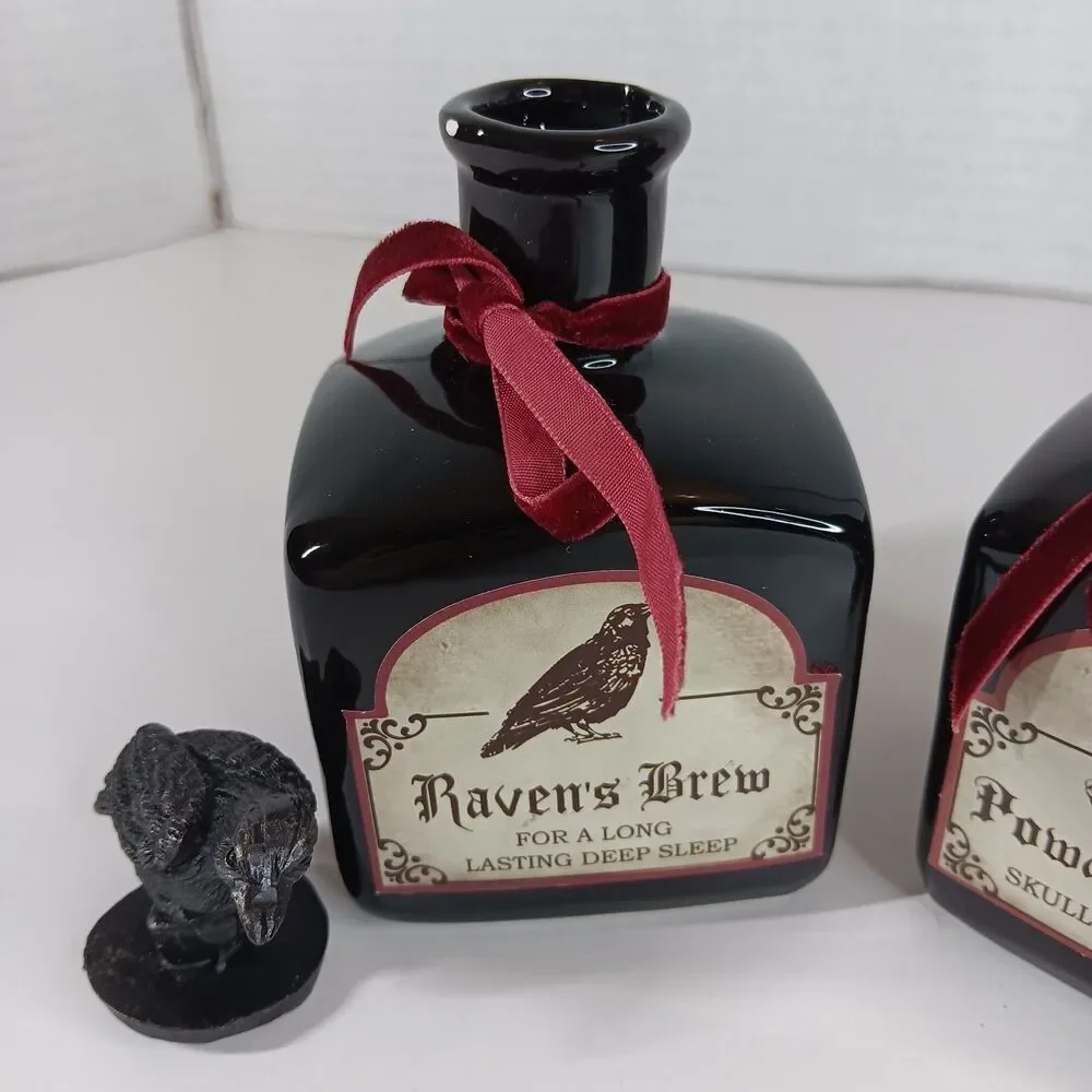 Ashland Ceramic Potion Bottle Halloween Decor Skull Bones Raven Goth Gothic